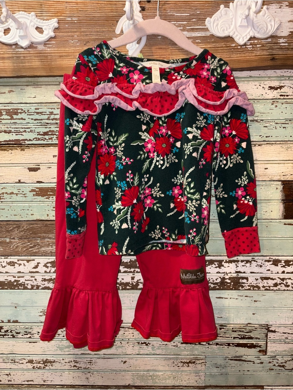 Matilda Jane Dark Green Floral Top with Pink & Red Ruffle Pants